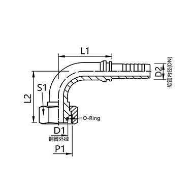 20491, 20492 (light duty) 20591, 20592 (heavy duty) Metric male thread 24° internal cone with O-ring 90° elbow