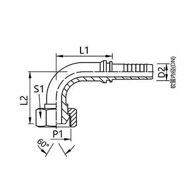 22691 22692 British pipe internal thread 60° external cone 90° elbow