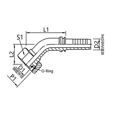 20441, 20442 (light duty) 20541, 20542 (heavy duty) Metric male thread 24° internal cone with O-ring 45° elbow